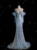 Tineit Elegant Sheath Off The Shoulder Sequin Blue Long Prom Dresses Sequin Party Dress (PRE-ORDER)