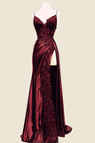 Tineit Elegant Mermaid Spaghetti Straps Burgundy Satin Long Prom Dresses Beads Party Dress (PRE-ORDER)