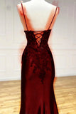 Tineit Elegant Mermaid Spaghetti Straps Burgundy Satin Long Prom Dresses Beads Party Dress (PRE-ORDER)