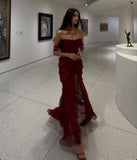 Tineit Burgundy Chiffon Slit Formal Evening Gown, Long Party Prom Dress (PRE-ORDER)