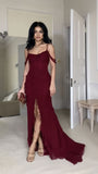 Tineit Burgundy Chiffon Slit Formal Evening Gown, Long Party Prom Dress (PRE-ORDER)