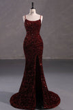 Tineit Elegant Mermaid Spaghetti Straps Burgundy Sequin Backless Long Prom Dresses Party Dress (PRE-ORDER)