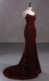 Tineit Elegant Mermaid Spaghetti Straps Burgundy Sequin Backless Long Prom Dresses Party Dress (PRE-ORDER)