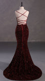 Tineit Elegant Mermaid Spaghetti Straps Burgundy Sequin Backless Long Prom Dresses Party Dress (PRE-ORDER)