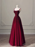 Tineit Elegant A Line Straps Burgundy Tulle Satin Long Prom Dresses Evening Dress (PRE-ORDER)