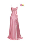 Tineit Simple Mermaid Pink Spaghetti Straps Long Prom Dress with Split (PRE-ORDER)