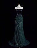 Tineit Elegant Mermaid Strapless Sequin Green Long Prom Dresses Evening Dress (PRE-ORDER)