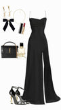 Tineit Elegant Mermaid Spaghetti Straps Black Slit Long Prom Dresses Party Dress (PRE-ORDER)