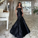 Tineit Classy Mermaid Strapless Sleeveless Satin Black Long Prom Dresses Evening Dress (PRE-ORDER)