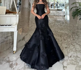 Tineit Classy Mermaid Strapless Sleeveless Satin Black Long Prom Dresses Evening Dress (PRE-ORDER)