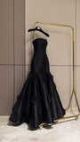 Tineit Classy Mermaid Strapless Sleeveless Satin Black Long Prom Dresses Evening Dress (PRE-ORDER)