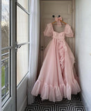 Tineit Elegant A Line Square Neckline Blush Pink Ruffles Organza Long Prom Dresses Party Dress (PRE-ORDER)