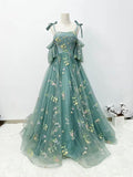 Tineit Classy Ball Gown Spaghetti Straps Green Tulle Long Prom Dresses Evening Dress (PRE-ORDER)