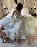 Tineit Halter Neck Flowers Embroidered Chiffon Prom Dress Green Party Dresses (PRE-ORDER)