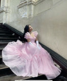 Tineit Elegant A Line Square Neckline Blush Pink Ruffles Long Prom Dresses Party Dress (PRE-ORDER)