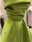 Tineit Classy A Line Spaghetti Straps Bud Green Satin Beads Prom Dresses Evening Dress (PRE-ORDER)