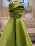 Tineit Classy A Line Spaghetti Straps Bud Green Satin Beads Prom Dresses Evening Dress (PRE-ORDER)