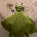 Tineit Classy A Line Spaghetti Straps Bud Green Satin Beads Prom Dresses Evening Dress (PRE-ORDER)