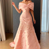 Tineit Elegant Mermaid Off The Shoulder Satin Pink Appliques Long Prom Dresses Party Dress (PRE-ORDER)