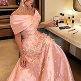 Tineit Elegant Mermaid Off The Shoulder Satin Pink Appliques Long Prom Dresses Party Dress (PRE-ORDER)