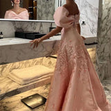 Tineit Elegant Mermaid Off The Shoulder Satin Pink Appliques Long Prom Dresses Party Dress (PRE-ORDER)