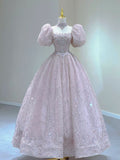 Tineit Elegant Ball Gown Square Neckline Short Puffy Sleeves Pink Beads Long Prom Dresses Evening Dress (PRE-ORDER)