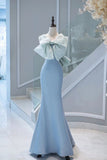 Tineit Elegant Mermaid Satin Blue Long Prom Dresses With Bow-knot Party Dress (PRE-ORDER)