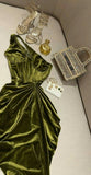 Tineit Classy Sheath One Shoulder Olive Green Velvet Prom Dresses Evening Dress (PRE-ORDER)