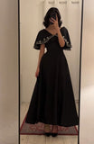 Tineit Elegant A line Short Sleeves Black V Neckline Satin Party Dress Prom Dresses Evening Dress (PRE-ORDER)