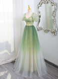 Tineit Elegant A line Sweetheart Short Sleeves Ombre Green Tulle Party Dress Prom Dresses Evening Dress (PRE-ORDER)