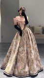 Tineit Chic Ball Gown Strapless Floral Satin Pink Long Prom Dresses With Bow Party Dress (PRE-ORDER)