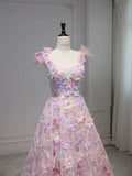 Tineit Elegant A line Square Neckline Sleeveless Floral Pink Tulle Party Dress Prom Dresses Evening Dress (PRE-ORDER)