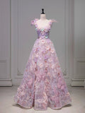 Tineit Elegant A line Square Neckline Sleeveless Floral Pink Tulle Party Dress Prom Dresses Evening Dress (PRE-ORDER)