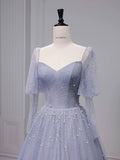 Tineit Chic Ball Gown Strapless Blue Tulle Long Prom Dresses With Beads Party Dress (PRE-ORDER)