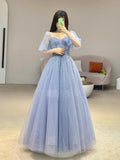 Tineit Chic Ball Gown Strapless Blue Tulle Long Prom Dresses With Beads Party Dress (PRE-ORDER)