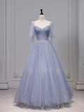 Tineit Chic Ball Gown Strapless Blue Tulle Long Prom Dresses With Beads Party Dress (PRE-ORDER)