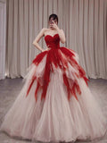 Tineit Pretty Ball Gown Sweetheart Tulle Long Red Layers Prom Dresses Sweet  Dresses (PRE-ORDER)