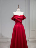 Tineit Elegant A line Off The Shoulder Red Satin Party Dress Prom Dresses Evening Dress (PRE-ORDER)