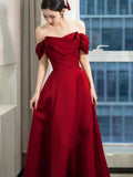 Tineit Elegant A line Off The Shoulder Red Satin Party Dress Prom Dresses Evening Dress (PRE-ORDER)