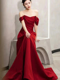 Tineit Elegant A line Off The Shoulder Red Satin Party Dress Prom Dresses Evening Dress (PRE-ORDER)