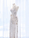 Tineit Elegant A Line One Shoulder Silver Sequin Party Dress Prom Dresses Evening Dress (PRE-ORDER)