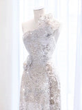 Tineit Elegant A Line One Shoulder Silver Sequin Party Dress Prom Dresses Evening Dress (PRE-ORDER)