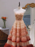 Tineit Pretty Ball Gown Strapless Tulle Layers Long Pink Ruffles Prom Dresses Sweet  Dresses (PRE-ORDER)