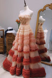 Tineit Pretty Ball Gown Strapless Tulle Layers Long Pink Ruffles Prom Dresses Sweet  Dresses (PRE-ORDER)