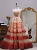 Tineit Pretty Ball Gown Strapless Tulle Layers Long Pink Ruffles Prom Dresses Sweet  Dresses (PRE-ORDER)