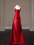 Tineit Simple A-line Square Neckline Satin Red Long Evening Dress Prom Dress (PRE-ORDER)