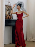 Tineit Simple A-line Square Neckline Satin Red Long Evening Dress Prom Dress (PRE-ORDER)