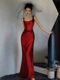 Tineit Simple A-line Square Neckline Satin Red Long Evening Dress Prom Dress (PRE-ORDER)