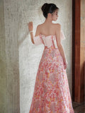 Tineit Fairy Style A-line Off Shoulder Strapless Pink Long Evening Dress Prom Dress (PRE-ORDER)