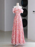 Tineit Fairy Style A-line Off Shoulder Strapless Pink Long Evening Dress Prom Dress (PRE-ORDER)